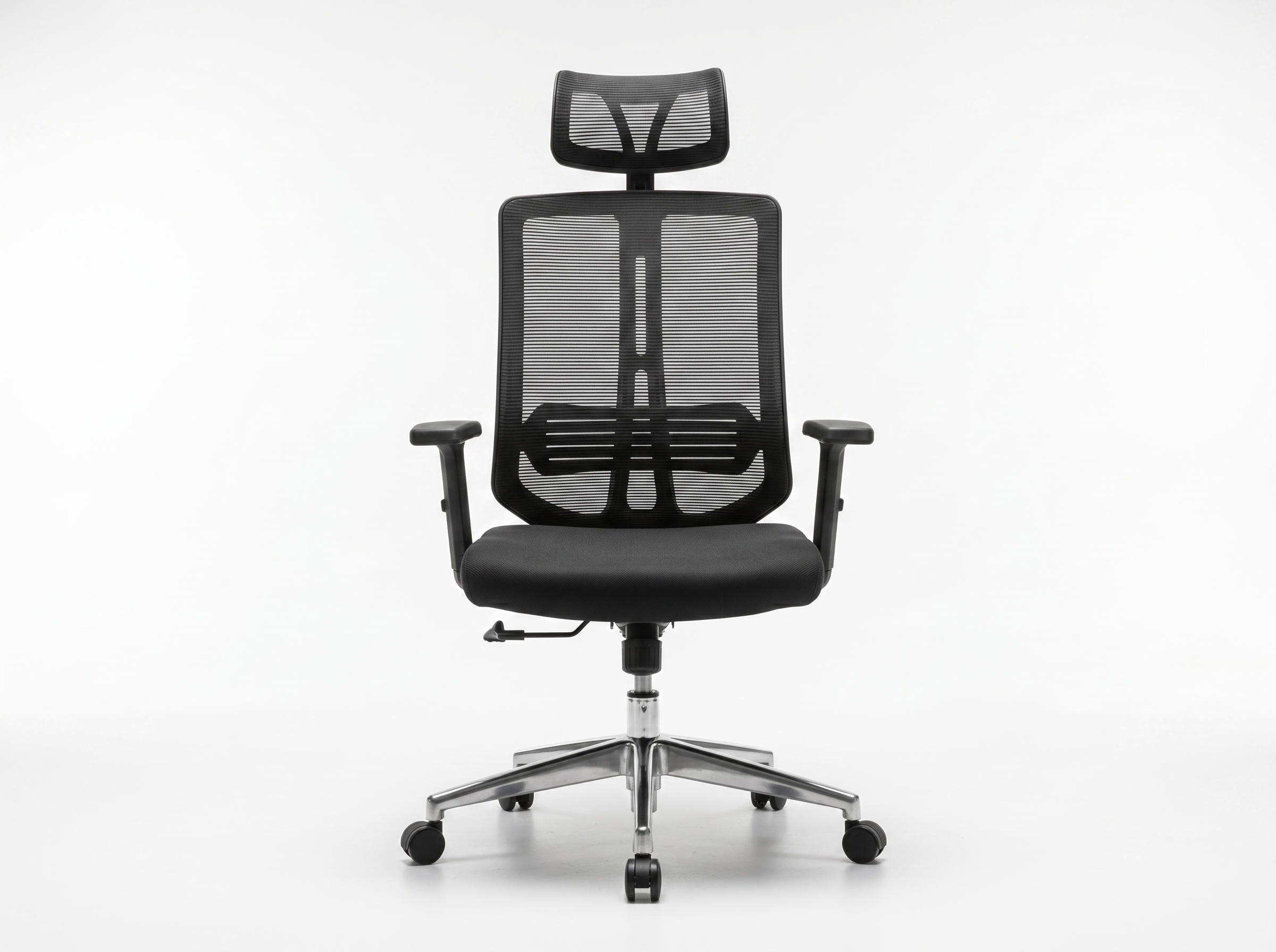 Brand new all-black ergonomic mesh executive office chair with headrest, available at Chair Doctor Lagos