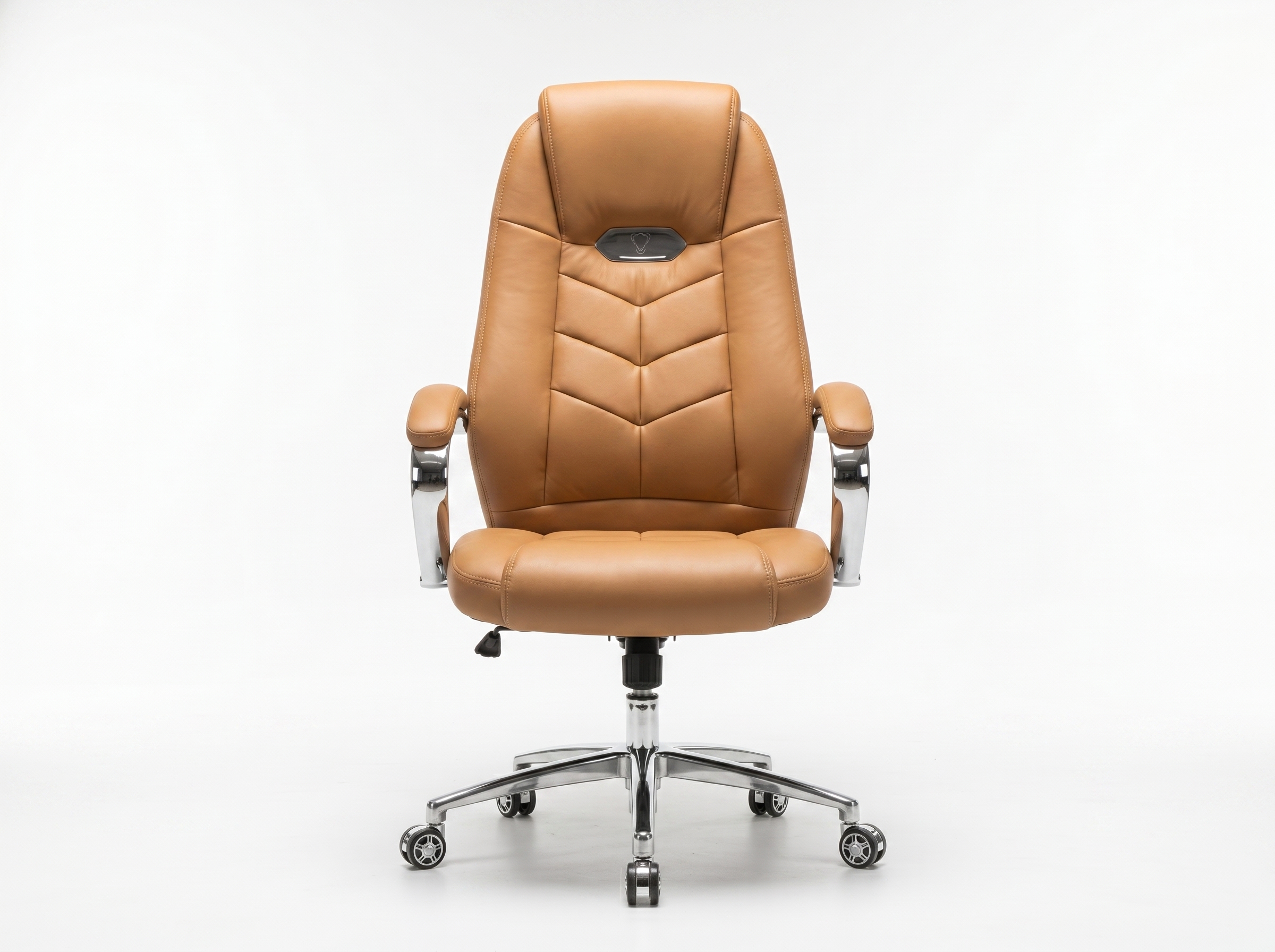 Brand new brown executive high-back leather office chair with chrome base, available at Chair Doctor Lagos