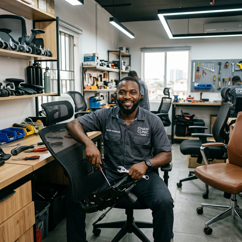 A confident Nigerian male technician smiling in a professional workshop